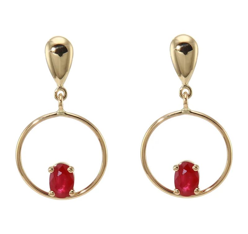 Boucles d'oreilles pendantes et Rubis Rouge Ovales 6x4mm en Or Jaune 750 pour femme - Bijoux Trabbia Vuillermoz